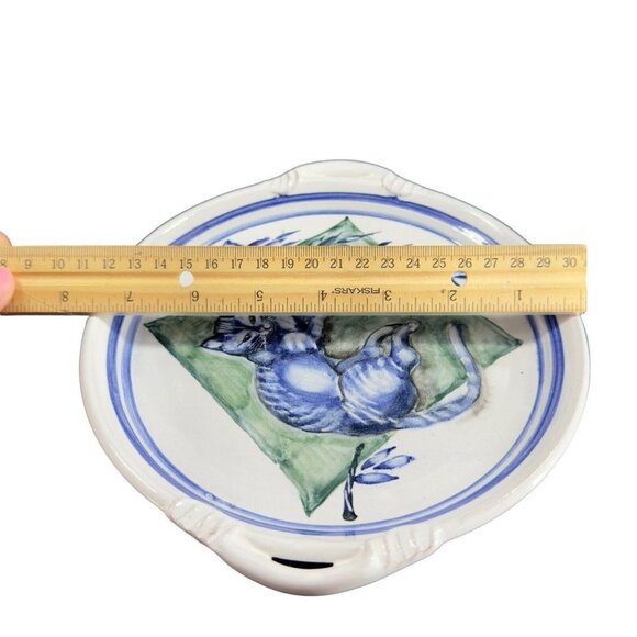 Hand Made Folk Art RedWare Dish Platter Blue Cat Kitty With Handles Marked VTG - Picture 3 of 9